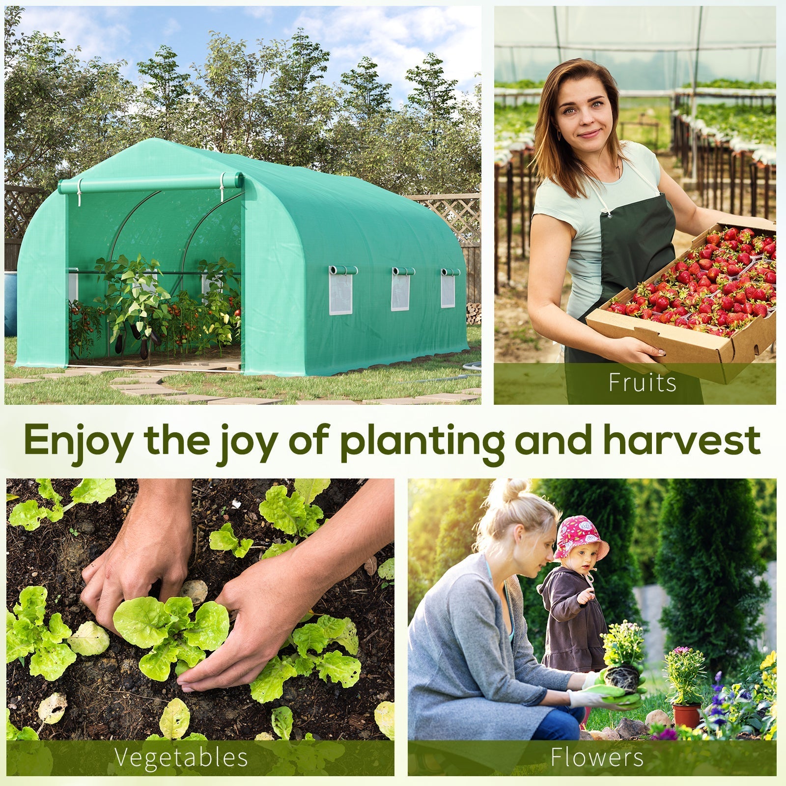 Outsunny 15' x 10' x 7' Walk-in Greenhouse Outdoor Plant Tunnel Warm Hot House w/ Roll Up Door and 6 Mesh Windows, Steel Frame, Green