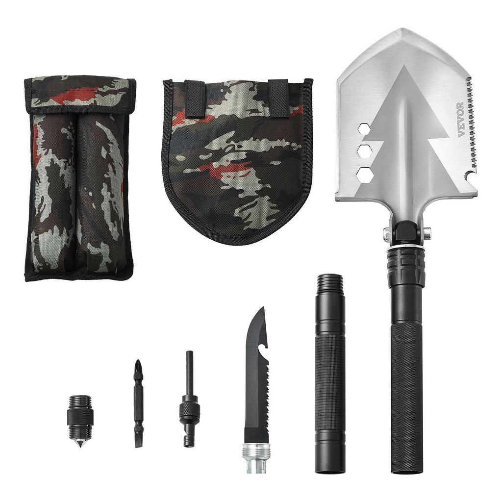 VEVOR Survival Shovel 8 in 1 Camping Shovel Folding Multitool Portable Compact