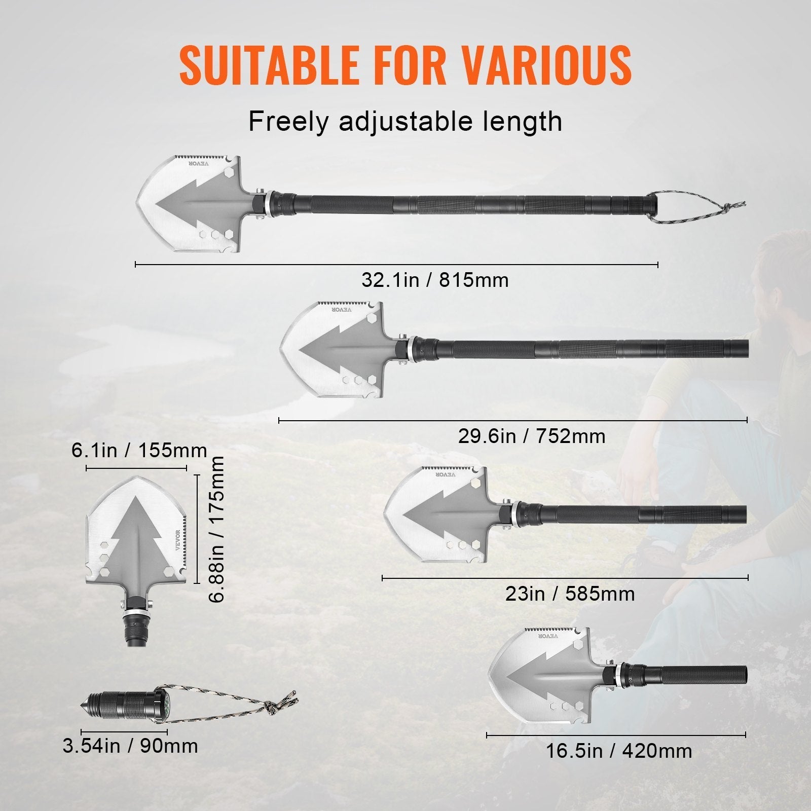 VEVOR Survival Shovel 11 in 1 Camping Shovel Folding Multitool Portable Compact