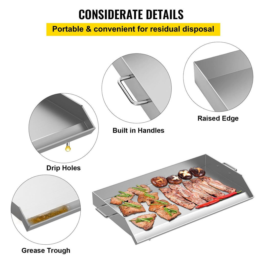 VEVOR Stainless Steel Griddle,36\" x 22\" Universal Flat Top Rectangular Plate, BBQ Charcoal/Gas Non-Stick Grill with 2 Handles and Grease Groove with Hole?Grills for Camping, Tailgating and Parties