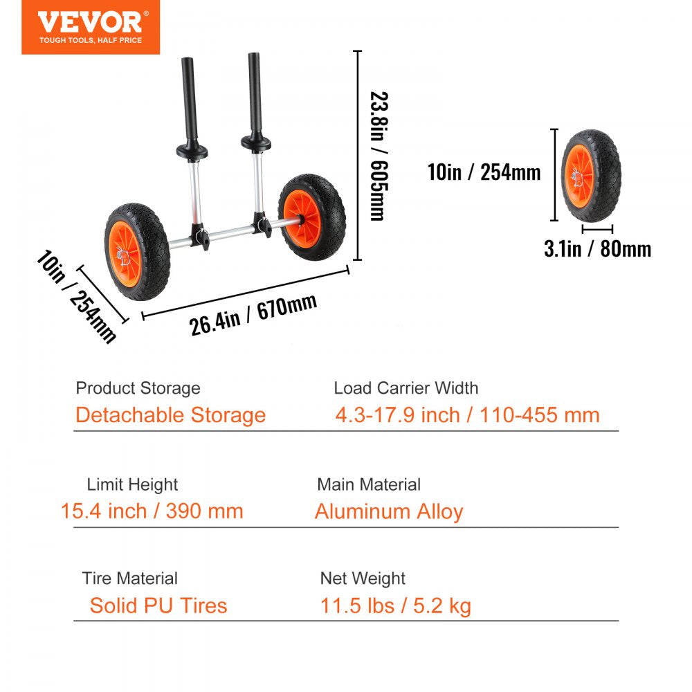 VEVOR Heavy Duty Kayak Cart, 280lbs Load Capacity, Detachable Canoe Trolley Cart with 10'' Solid Tires, Adjustable Width & Top Foam Protection, for Kayaks with Drain Holes of 2.54cm and Above