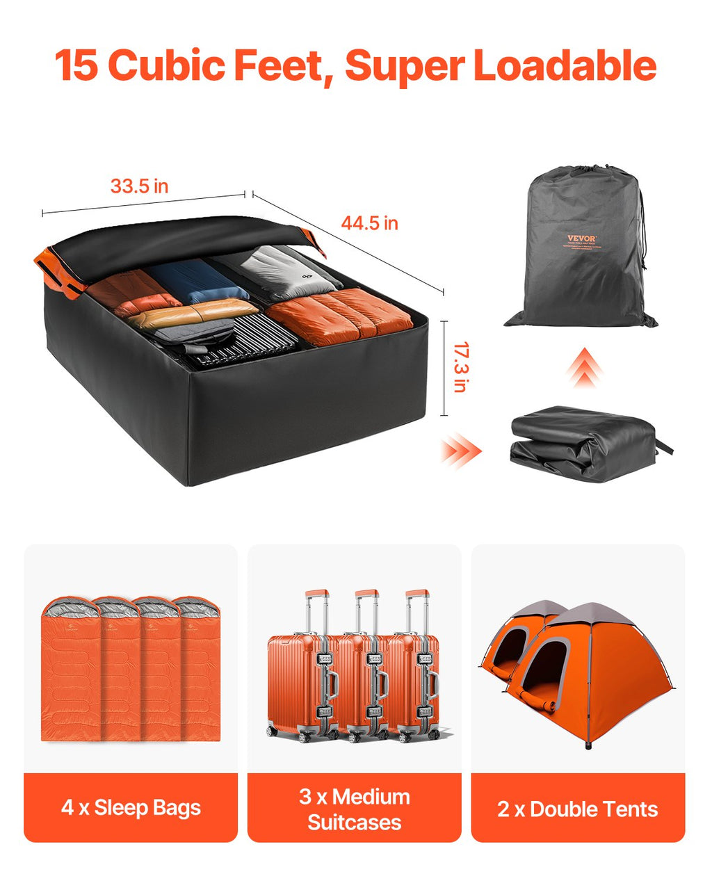VEVOR Car Rooftop Cargo Carrier Bag 15 Cubic Feet Roof Cargo Carrier 840D PVC
