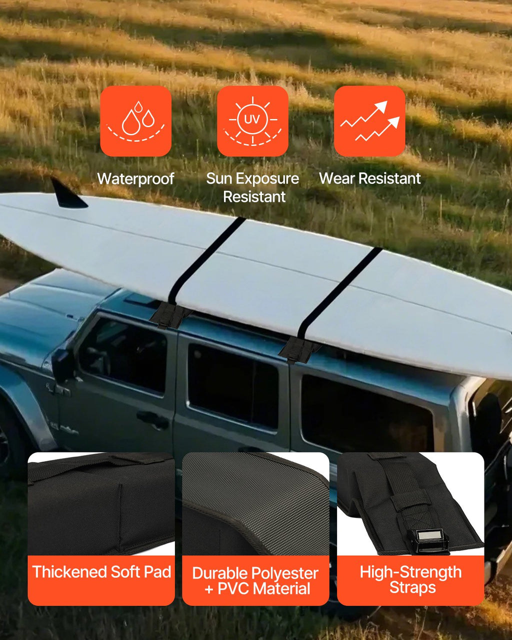 VEVOR Soft Roof Rack Pads, 31.5" Universal Car Roof Rack Pad, 176LBS Load Capacity Luggage Kayak Carrier with 4 Tie-Down Straps,  2 Quick Loop Straps & Storage Bag for SUP Canoe Snowboard Paddle Board