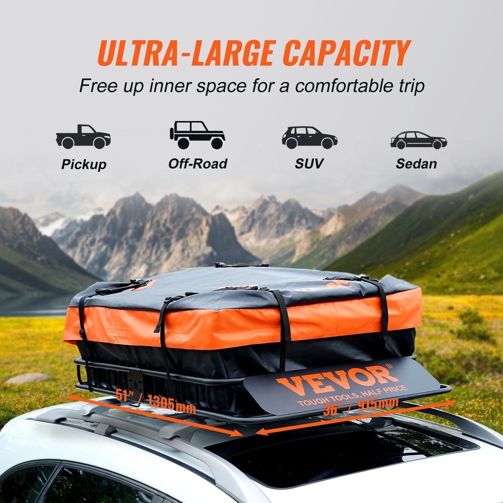 VEVOR Roof Rack Cargo Basket, 51" x 36" x 5" Rooftop Cargo Carrier w/ 15 Cu Ft Waterproof Cargo Bag, 200 LBS Capacity Universal Rack Carrier for SUV, Truck