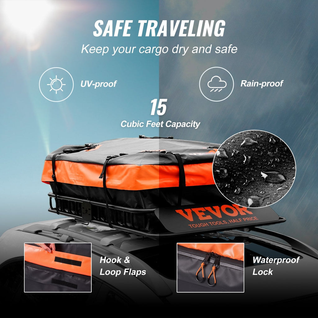 VEVOR Roof Rack Cargo Basket, 51" x 36" x 5" Rooftop Cargo Carrier w/ 15 Cu Ft Waterproof Cargo Bag, 200 LBS Capacity Universal Rack Carrier for SUV, Truck