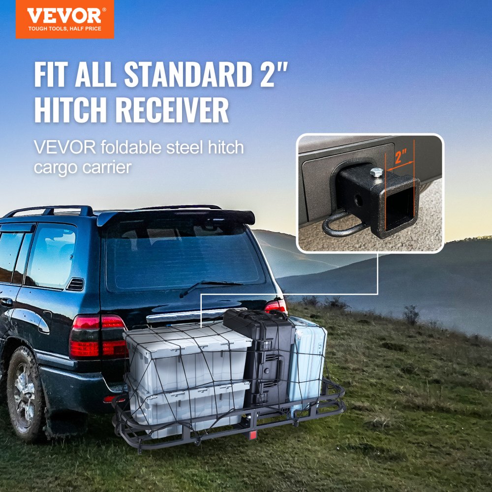 VEVOR 53 x 19 x 5 in Hitch Cargo Carrier, 500lb Capacity Trailer Hitch Mount Cargo Basket, Steel Luggage Carrier Rack Fits 2" Hitch Receiver for SUV Truck Pickup with Cargo Net, Stabilizer, Straps
