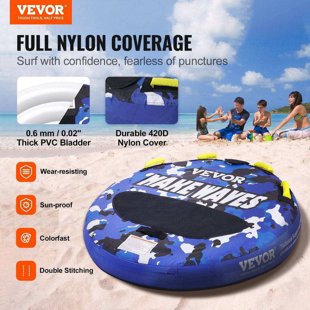 VEVOR Towable Tube for Boating, 1-2 Riders Inflatable Boat Tubes and Towables, 340 lbs, 51.8" Round Water Sport Towable Tube for Boat to Pull, Full Nylon Cover, EVA Grab Handles and Speed Safety Valve