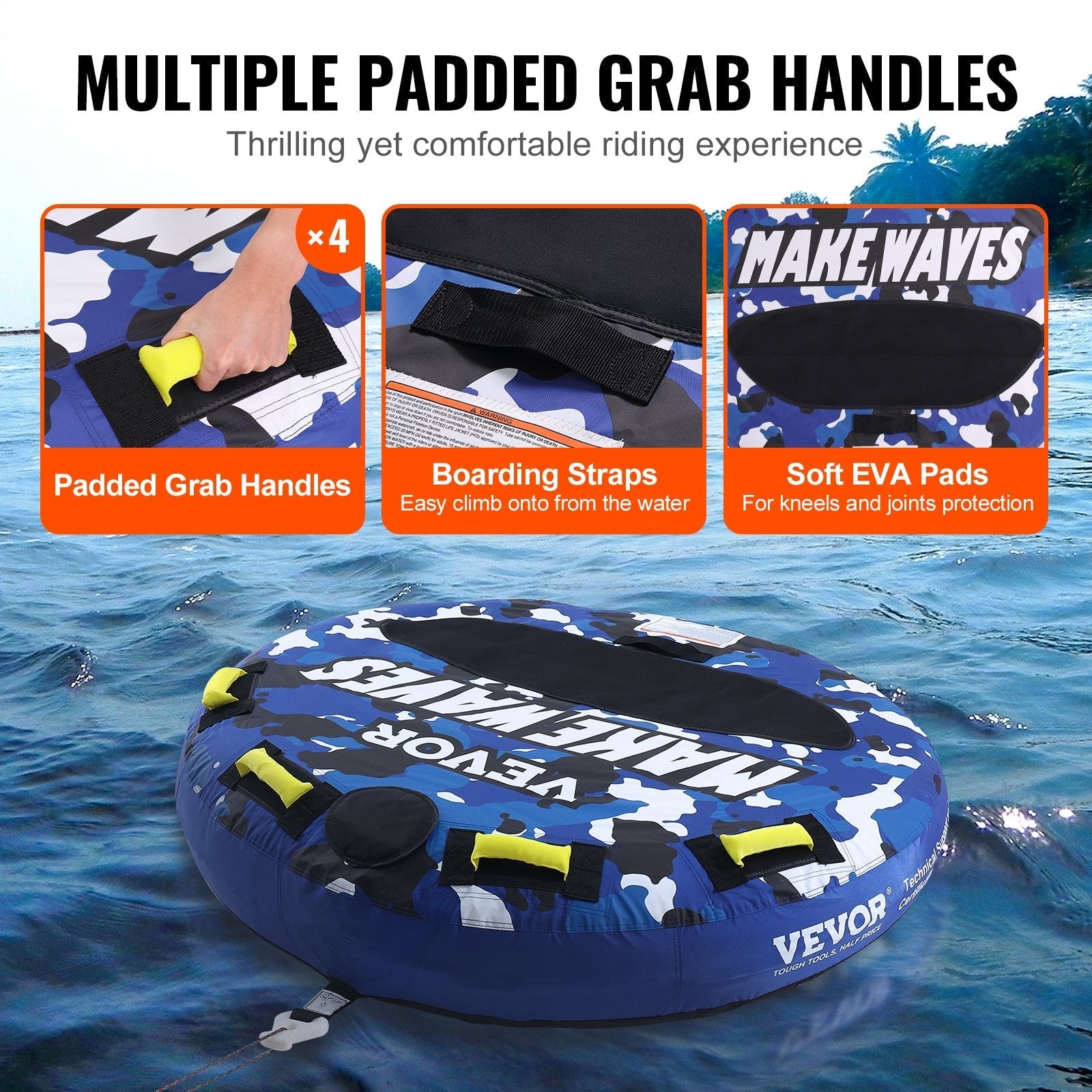 VEVOR Towable Tube for Boating, 1-2 Riders Inflatable Boat Tubes and Towables, 340 lbs, 51.8" Round Water Sport Towable Tube for Boat to Pull, Full Nylon Cover, EVA Grab Handles and Speed Safety Valve