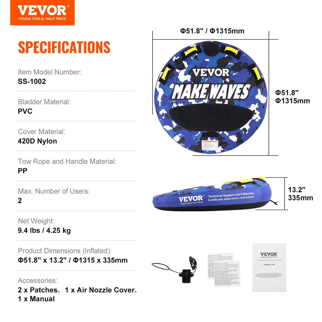 VEVOR Towable Tube for Boating, 1-2 Riders Inflatable Boat Tubes and Towables, 340 lbs, 51.8" Round Water Sport Towable Tube for Boat to Pull, Full Nylon Cover, EVA Grab Handles and Speed Safety Valve