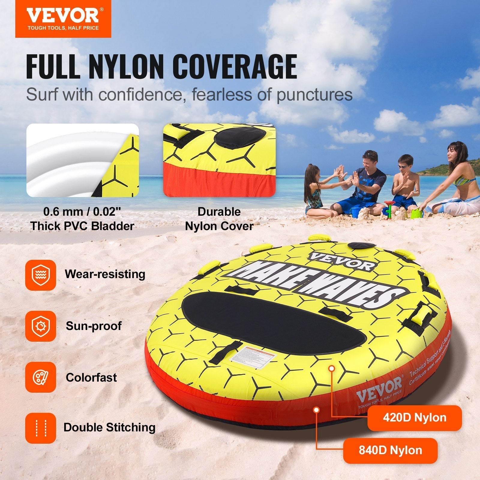 VEVOR Towable Tube for Boating, 1-3 Riders Inflatable Boat Tubes and Towables, 510 lbs, 63" Round Water Sport Towable Tubes for Boats to Pull, Full Nylon Cover, EVA Grab Handles and Speed Safety Valve