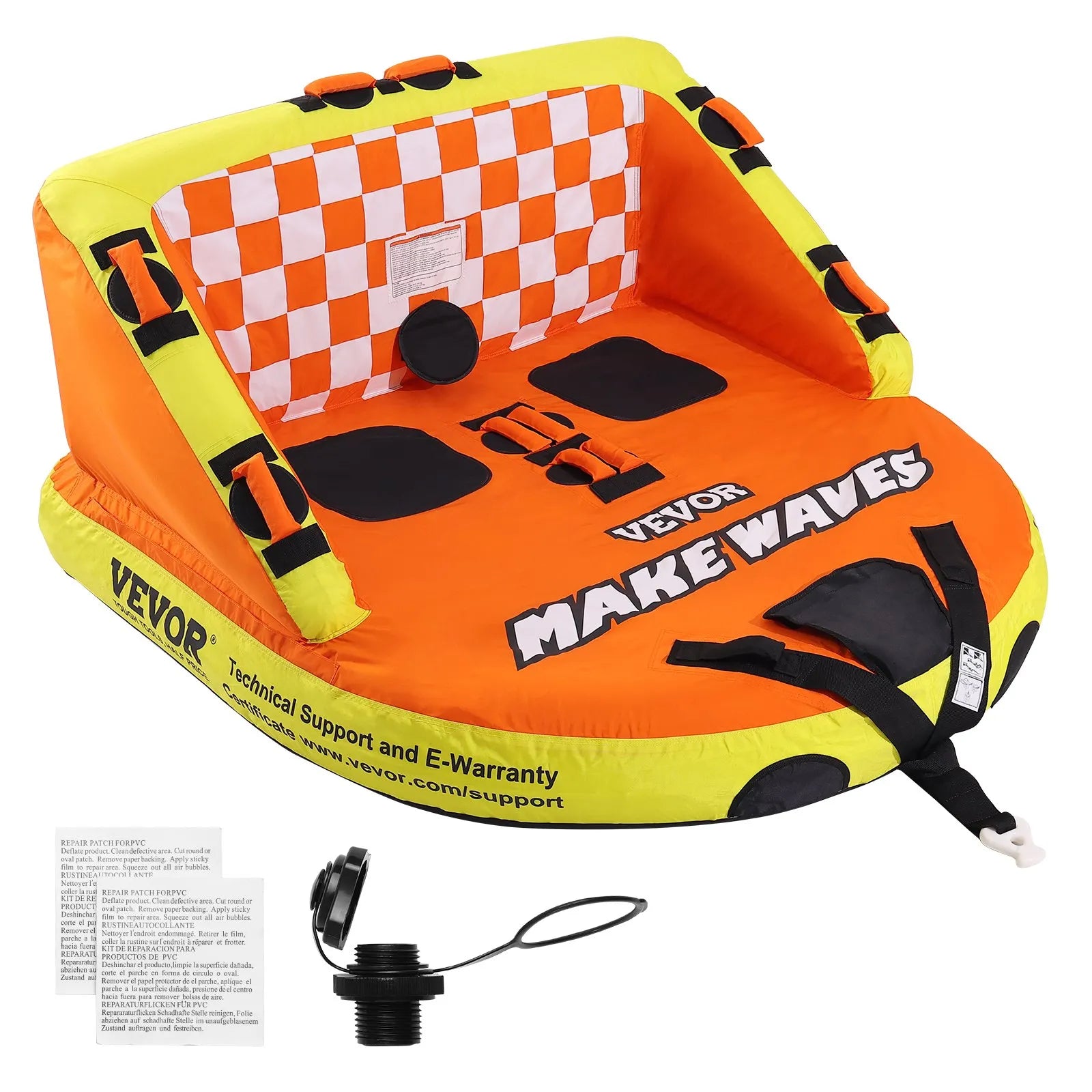 VEVOR Towable Tube for Boating, 1-2 Riders Inflatable Towable Tubes with Deck Seats and Backrest, 340 lbs Water Sport Tube for Boat to Pull, Full Nylon Cover, EVA Grab Handles and Speed Safety Valve
