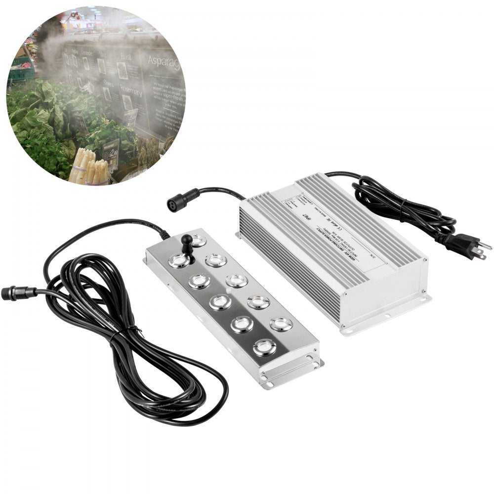 VEVOR Mist Maker 10 Head Ultrasonic Mist Fogger with Waterproof Power Supply Ultrasonic Fogger Humidifier Stainless Steel Pond Mister Fogger 5kg/h Ultrasonic Mist Humidifier for Gardening and Pond