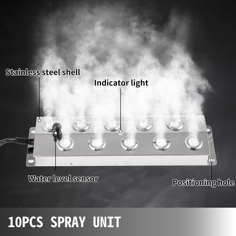 VEVOR Mist Maker 10 Head Ultrasonic Mist Fogger with Waterproof Power Supply Ultrasonic Fogger Humidifier Stainless Steel Pond Mister Fogger 5kg/h Ultrasonic Mist Humidifier for Gardening and Pond