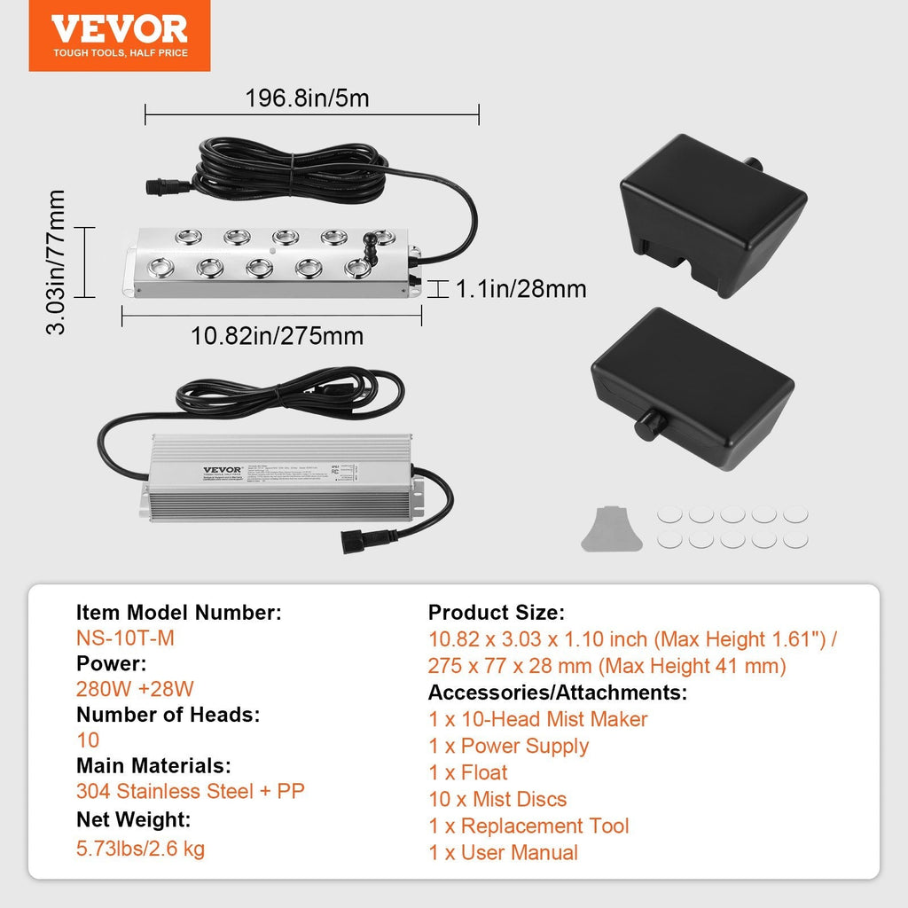 VEVOR 10 Head Ultrasonic Mist Maker 7000mL/H Ultrasonic Fogger IP67 Waterproof