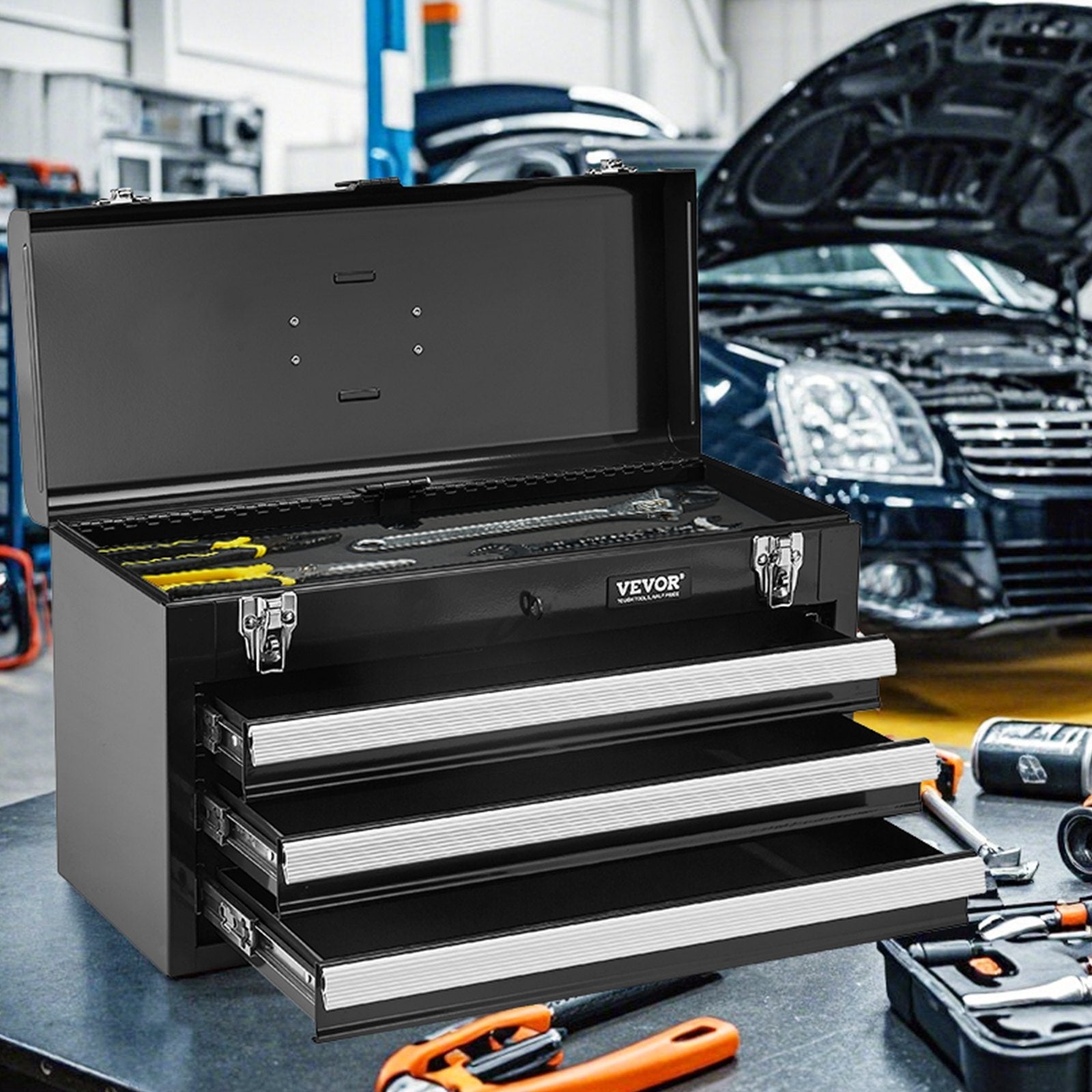 VEVOR Tool Box 20.5-inch Portable Metal Tool Box with 3 Drawers Tool Organizer