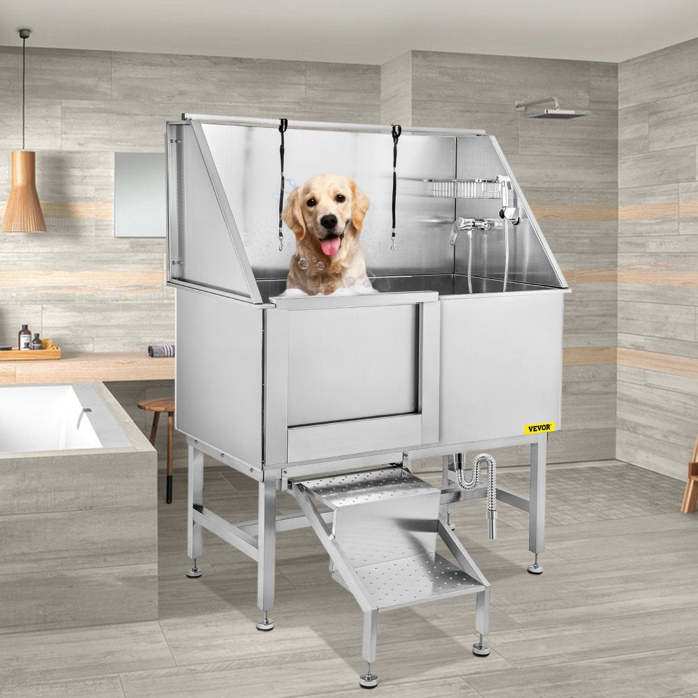 VEVOR 50 Inch Dog Grooming Tub, Professional Stainless Steel Pet Dog Bath Tub, with Steps Faucet & Accessories Dog Washing Station Left Door