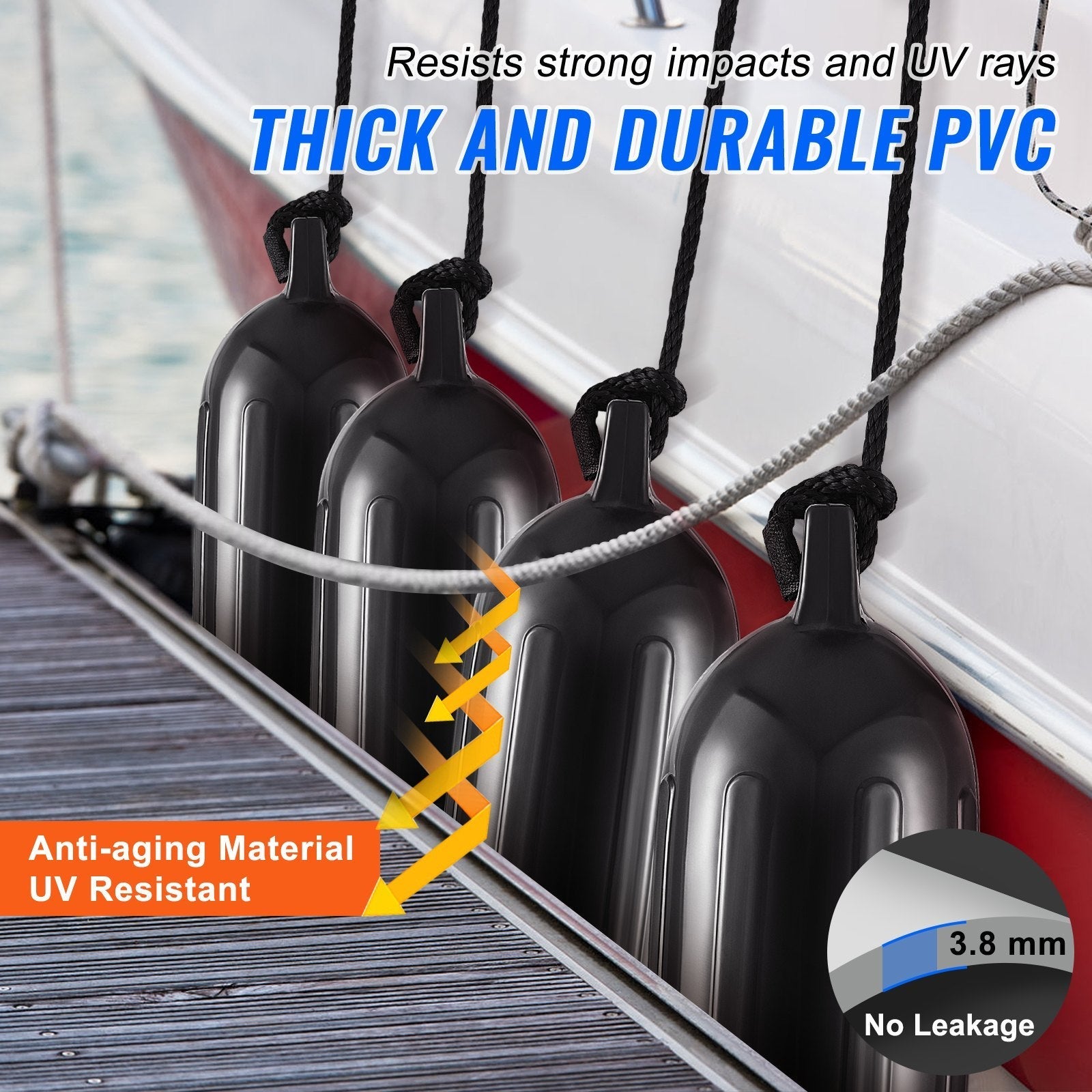 VEVOR Boat Fenders, 5.5" x 20" Boat Bumpers for Docking, Inflatable Ribbed Fender with Center Holes, Marine Boat Dock Fender Bumper with Air Pump, 4 Needles and 4 Ropes and Storage Bag, Black