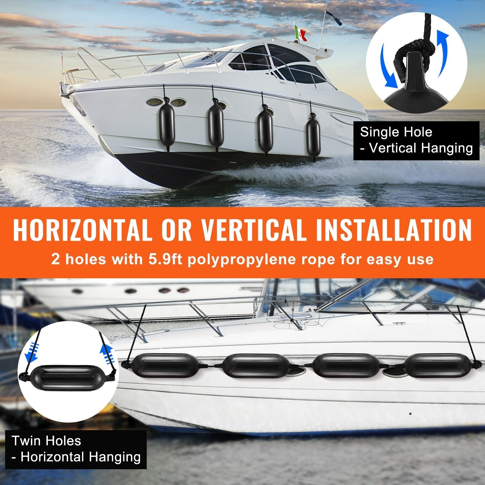 VEVOR Boat Fenders, 5.5" x 20" Boat Bumpers for Docking, Inflatable Ribbed Fender with Center Holes, Marine Boat Dock Fender Bumper with Air Pump, 4 Needles and 4 Ropes and Storage Bag, Black