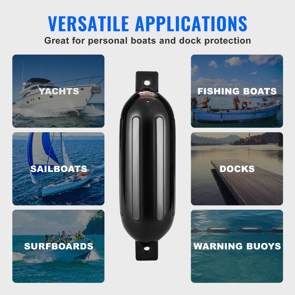 VEVOR Boat Fenders, 8.5" x 26" Boat Bumpers for Docking, Inflatable Ribbed Fender with Center Holes, Marine Boat Dock Fender Bumper with Air Pump, 4 Needles and 4 Ropes and Storage Bag, Black