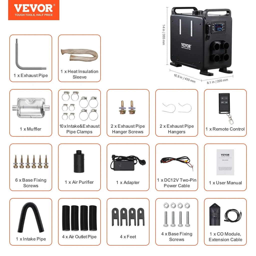 VEVOR 8KW Diesel Heater, 12V/24V All-in-One Diesel Air Heater, Bluetooth App, Remote Control & Display, CO Alarm, Fast Heating Vertical Portable Heater for Vehicles & Garage