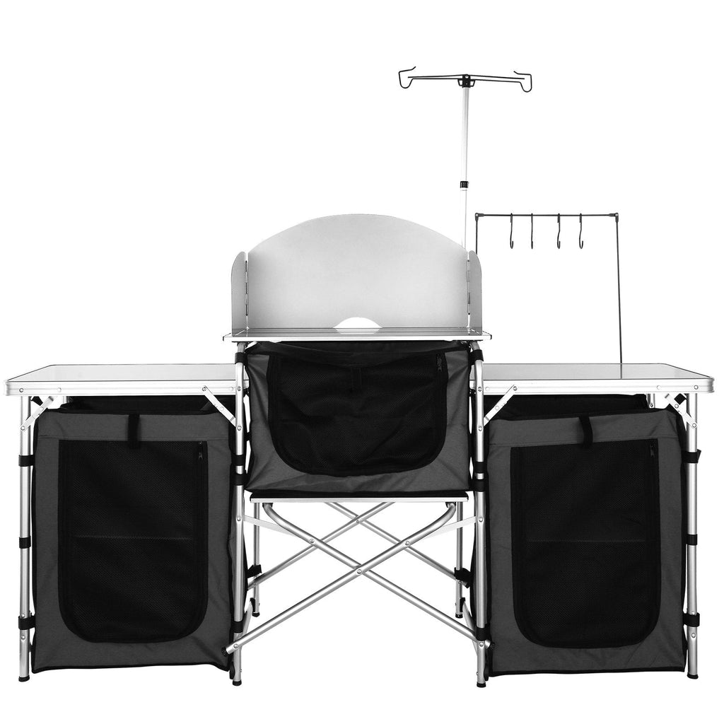 VEVOR Camping Kitchen Table, Folding Outdoor Cooking Table with Storage Carrying Bag, Aluminum Cook Station 3 Cupboard & Detachable Windscreen, Quick Set-up for Picnics, BBQ, RV Traveling, Black