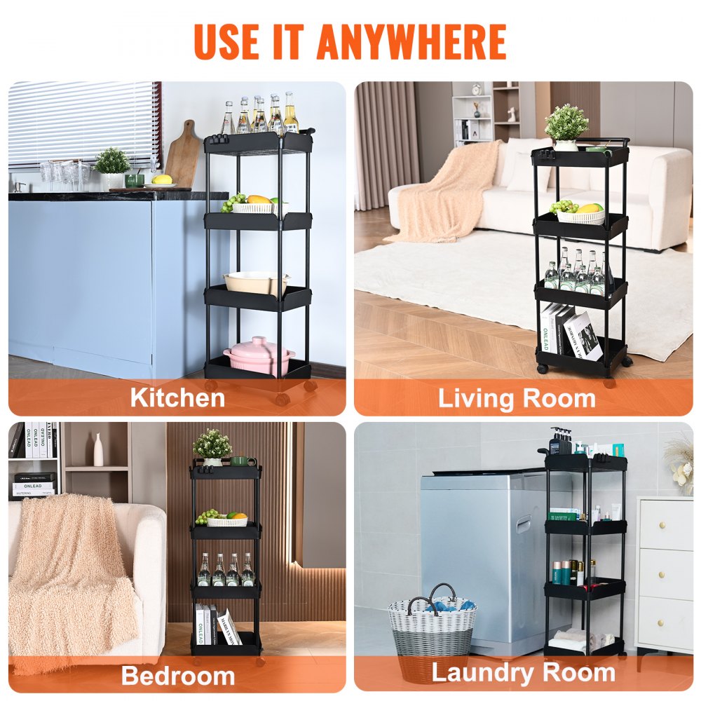 VEVOR 4-Tier Rolling Utility Cart, Kitchen Cart with Lockable Wheels, Multi-Functional Storage Trolley with Handle for Office, Living Room, Kitchen, Movable Storage Basket Organizer Shelves, Black