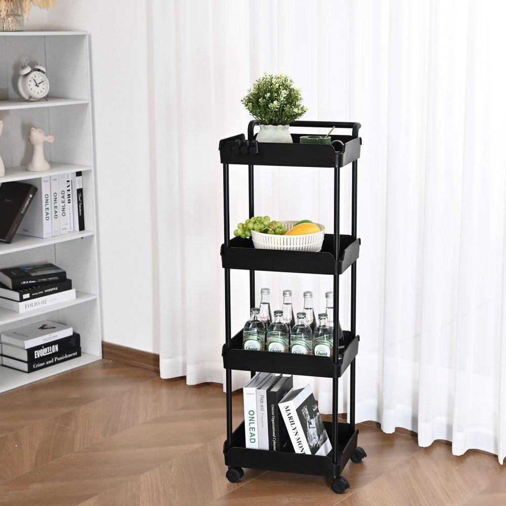 VEVOR 4-Tier Rolling Utility Cart, Kitchen Cart with Lockable Wheels, Multi-Functional Storage Trolley with Handle for Office, Living Room, Kitchen, Movable Storage Basket Organizer Shelves, Black