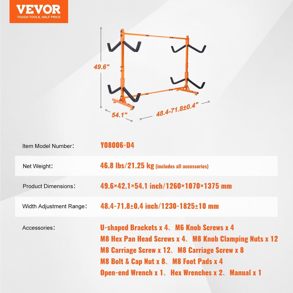 VEVOR Freestanding Kayak Storage Rack, Kayak Stand for 4 Kayak Canoe Paddleboard, Heavy-duty Steel Kayak Hanger Holder with Padded Arms and Adjustable Width, 220LBS Max Load, for Indoor Outdoor Garage
