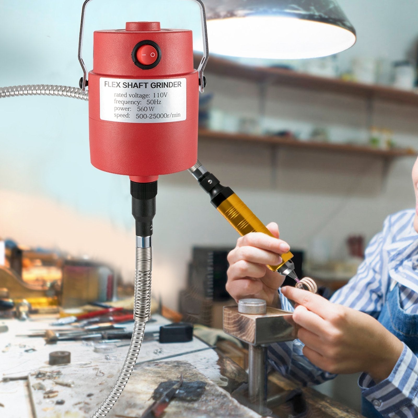 VEVOR Flex Shaft 560W Rotary Tool with 1/4" 3-Jaw Chuck & Stepless Speed Foot Pedal Rotary Carver 500-25000RPM  Hanging Grinding Machine 131PCS Accessories for Carving, Buffing,Drilling,Polishing