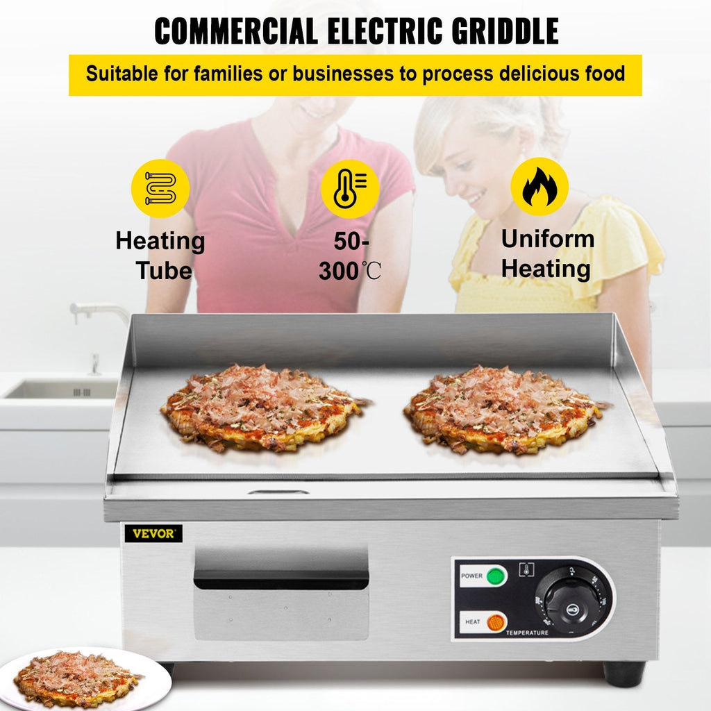 VEVOR 14\" Electric Countertop Flat Top Griddle 110V 1500W Non-Stick Commercial Electric Griddles Restaurant Teppanyaki Grill Stainless Steel Adjustable Temperature Control 122°F-572°F, Sliver