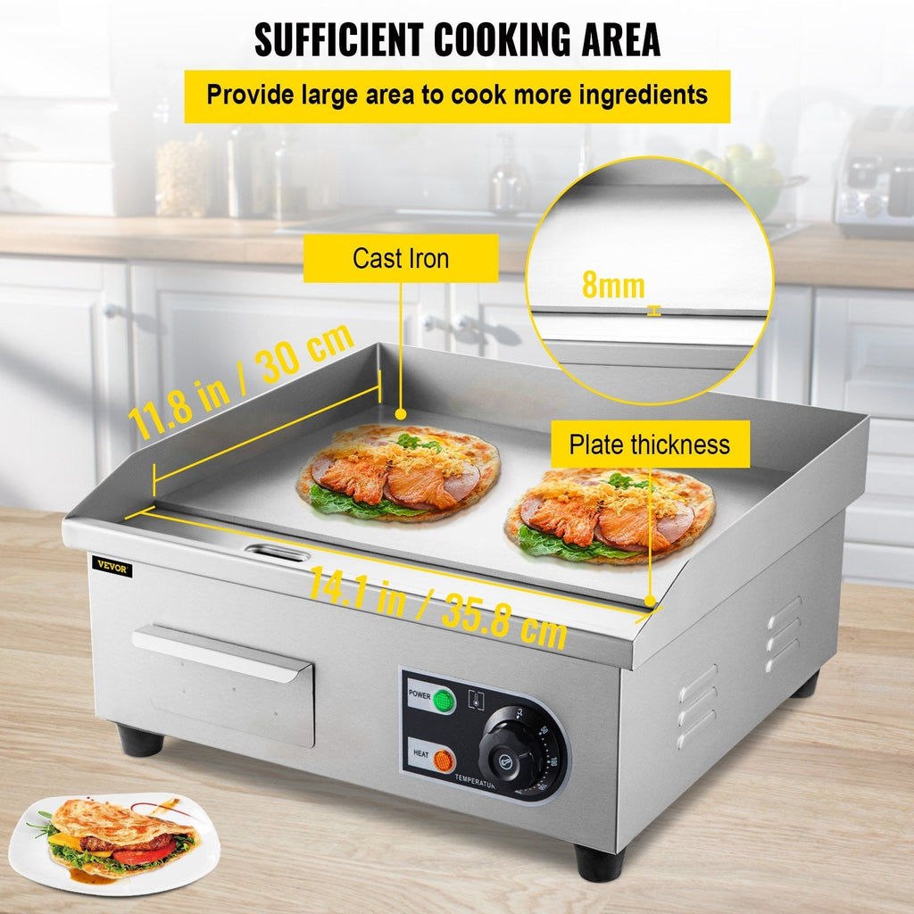 VEVOR 14\" Electric Countertop Flat Top Griddle 110V 1500W Non-Stick Commercial Electric Griddles Restaurant Teppanyaki Grill Stainless Steel Adjustable Temperature Control 122°F-572°F, Sliver
