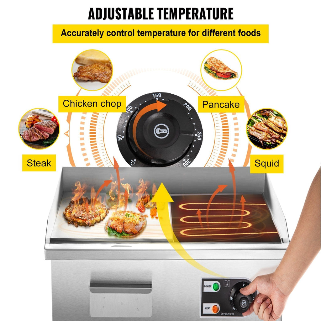 VEVOR 14\" Electric Countertop Flat Top Griddle 110V 1500W Non-Stick Commercial Electric Griddles Restaurant Teppanyaki Grill Stainless Steel Adjustable Temperature Control 122°F-572°F, Sliver