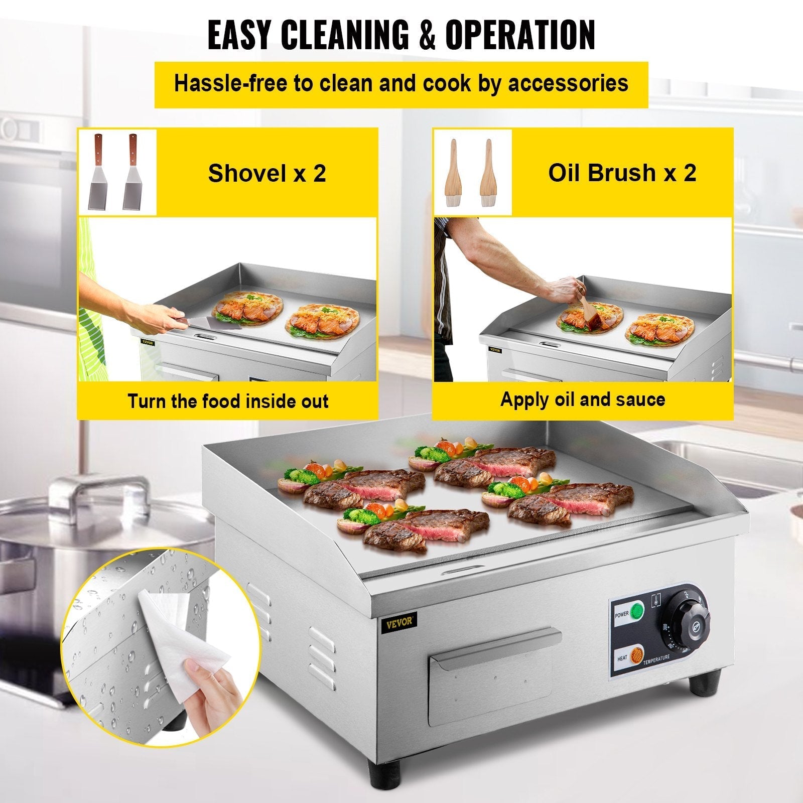 VEVOR 14\" Electric Countertop Flat Top Griddle 110V 1500W Non-Stick Commercial Electric Griddles Restaurant Teppanyaki Grill Stainless Steel Adjustable Temperature Control 122°F-572°F, Sliver