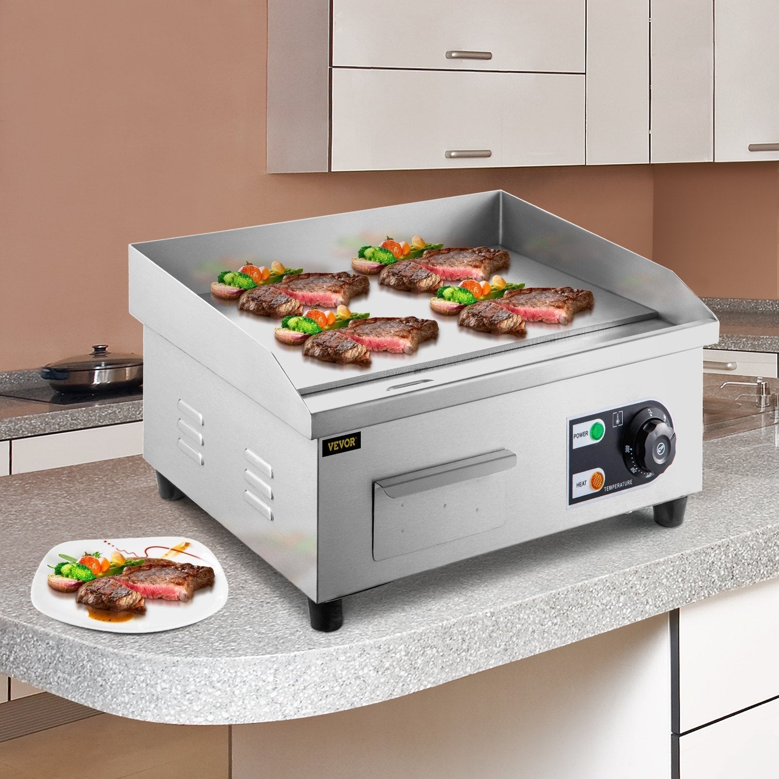 VEVOR 14\" Electric Countertop Flat Top Griddle 110V 1500W Non-Stick Commercial Electric Griddles Restaurant Teppanyaki Grill Stainless Steel Adjustable Temperature Control 122°F-572°F, Sliver