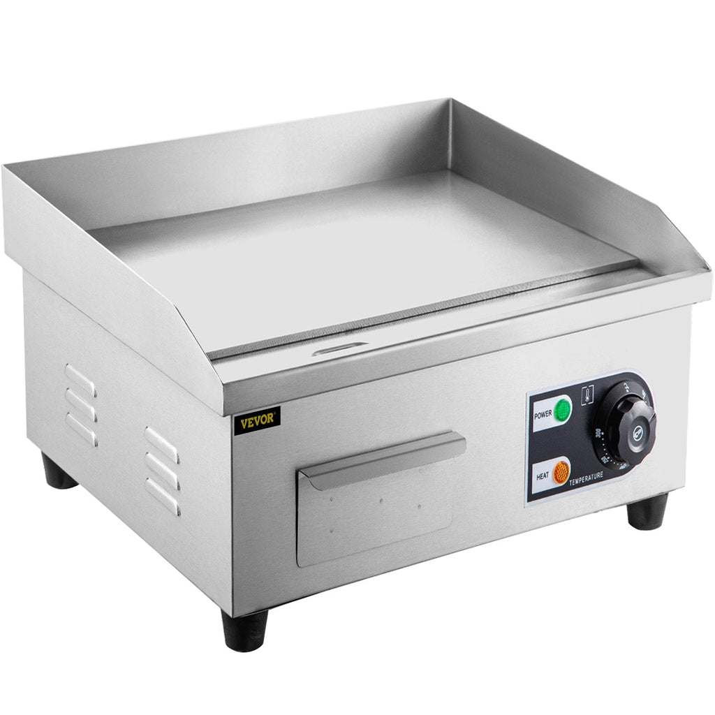 VEVOR 14\" Electric Countertop Flat Top Griddle 110V 1500W Non-Stick Commercial Electric Griddles Restaurant Teppanyaki Grill Stainless Steel Adjustable Temperature Control 122°F-572°F, Sliver