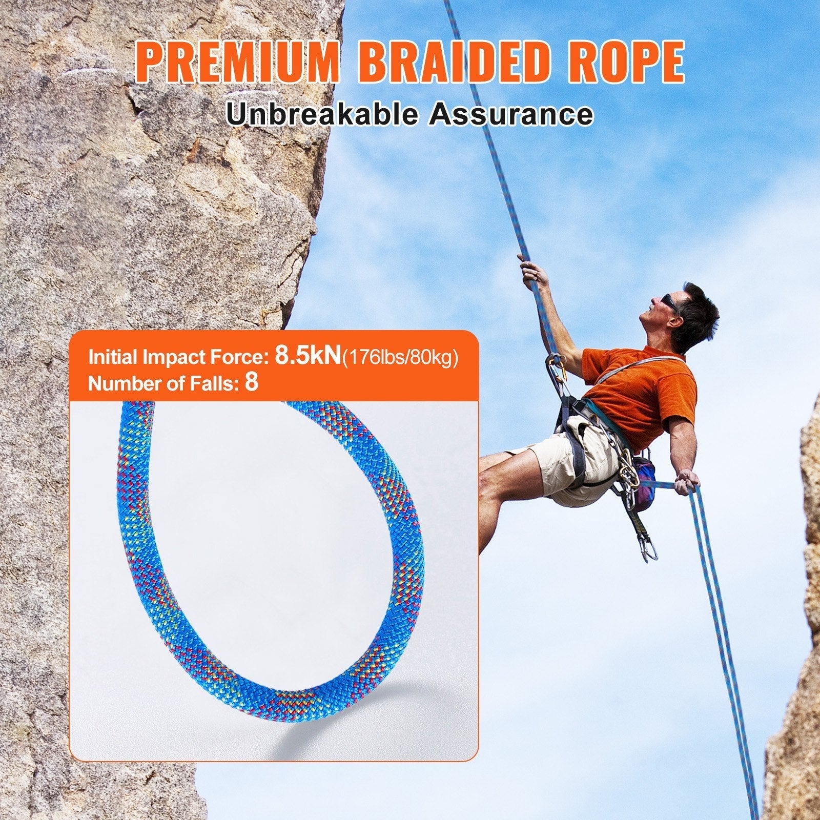 VEVOR 10.2mm Dynamic Climbing Rope 60M(197ft) Outdoor Rock Climbing Rope Blue