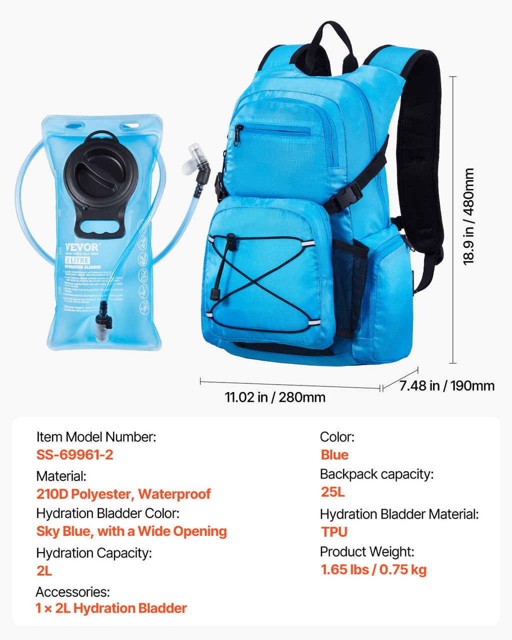 VEVOR Hydration Pack Backpack 2L TPU Water Bladder biking Hiking Running Camping