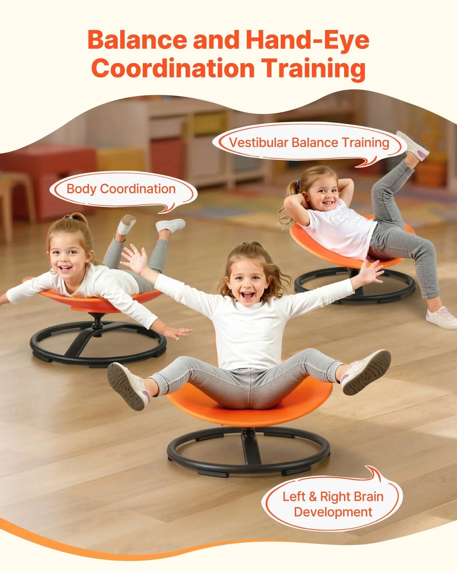 VEVOR Kids Swivel Chair, 220 lbs Capacity, Sensory Spinning Chair, Autistic Kids Sensory Toy Seat with Non-Slip Metal Base, Round Shape Toddler Sit & Spin Seat for Coordination Balance Focus, Orange