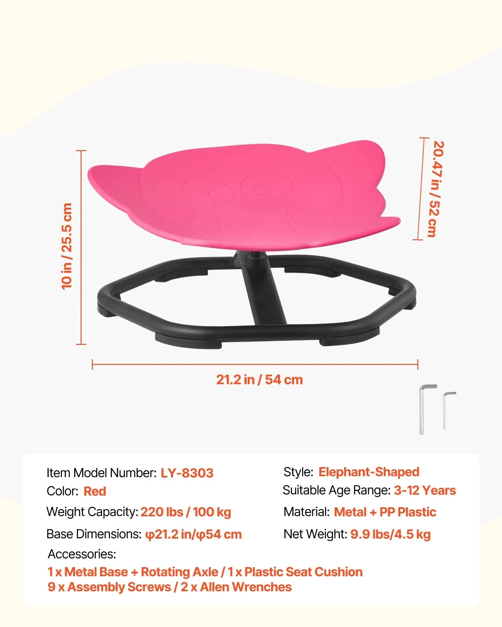 VEVOR Kids Swivel Chair, 220 lbs Capacity, Elephant Shape Sensory Spinning Chair, Autistic Kids Sensory Toy Seat with Non-Slip Metal Base, Toddler Sit & Spin Seat for Coordination Balance Focus, Red