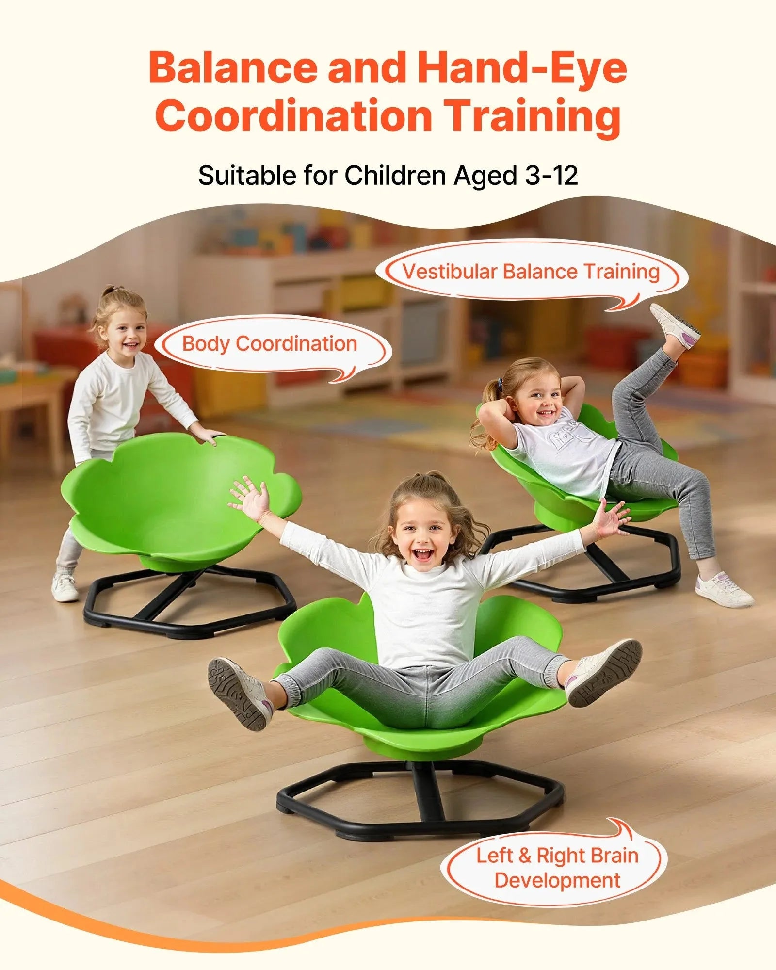 VEVOR Kids Swivel Chair, 220 lbs Capacity, Cylinder Shape Sensory Spinning Chair, Autistic Kids Sensory Toy Seat with Non-Slip Metal Base, Toddler Sit & Spin Seat for Coordination Balance Focus, Green