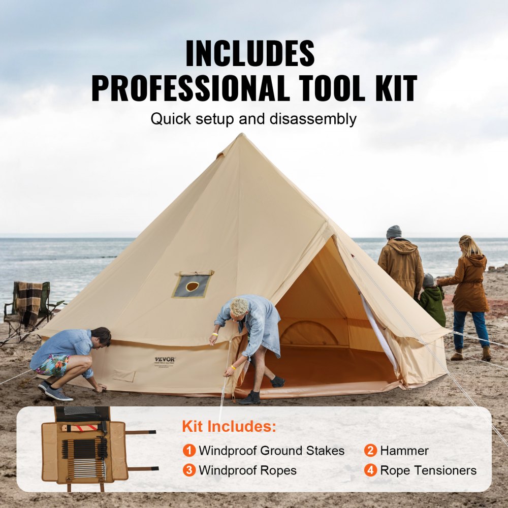 VEVOR Canvas Bell Tent, 4 Seasons 4 m/13.12 ft Yurt Tent, Canvas Tent for Camping with Stove Jack, Breathable Tent Holds up to 6 People, Family Camping Outdoor Hunting Party