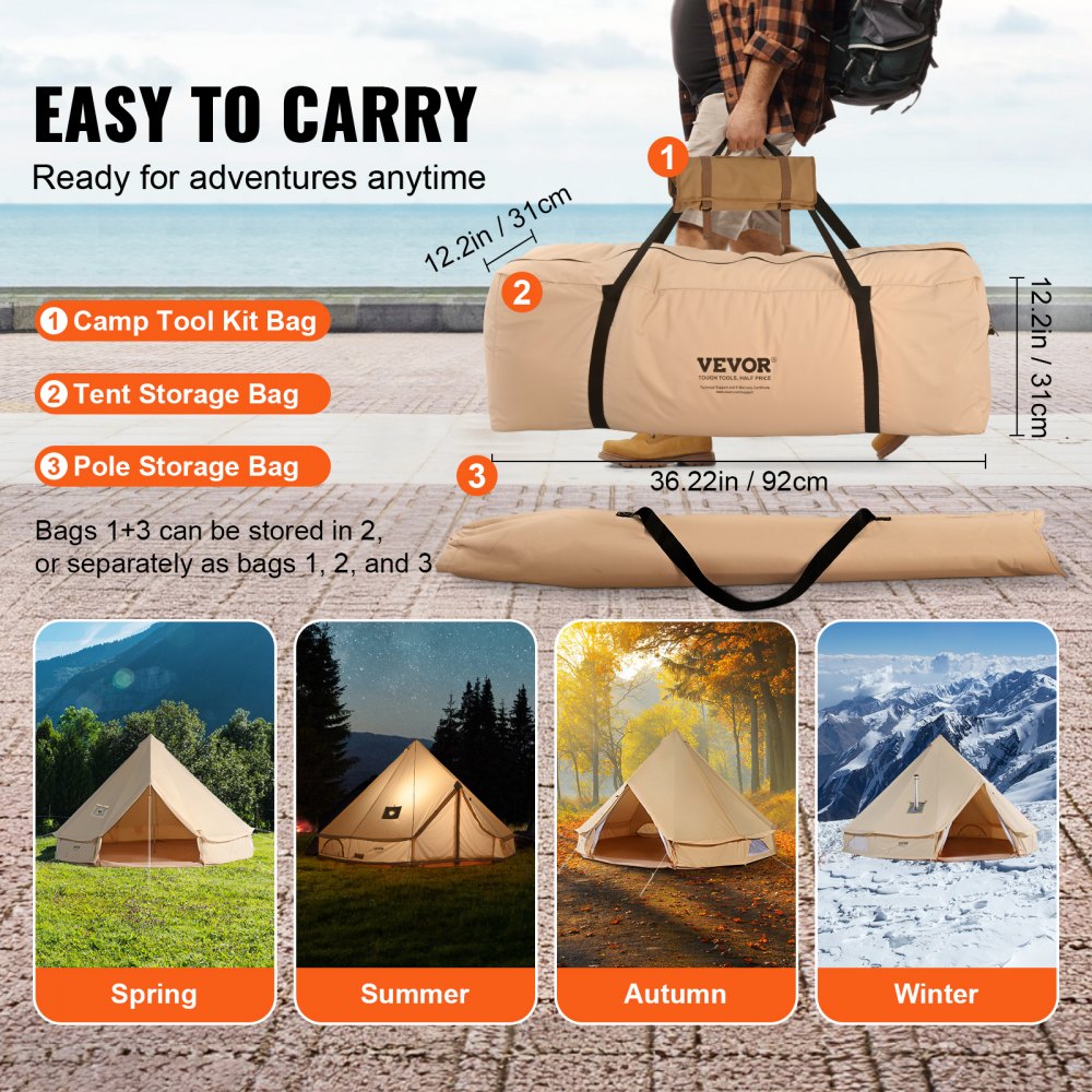 VEVOR Canvas Bell Tent, 4 Seasons 4 m/13.12 ft Yurt Tent, Canvas Tent for Camping with Stove Jack, Breathable Tent Holds up to 6 People, Family Camping Outdoor Hunting Party