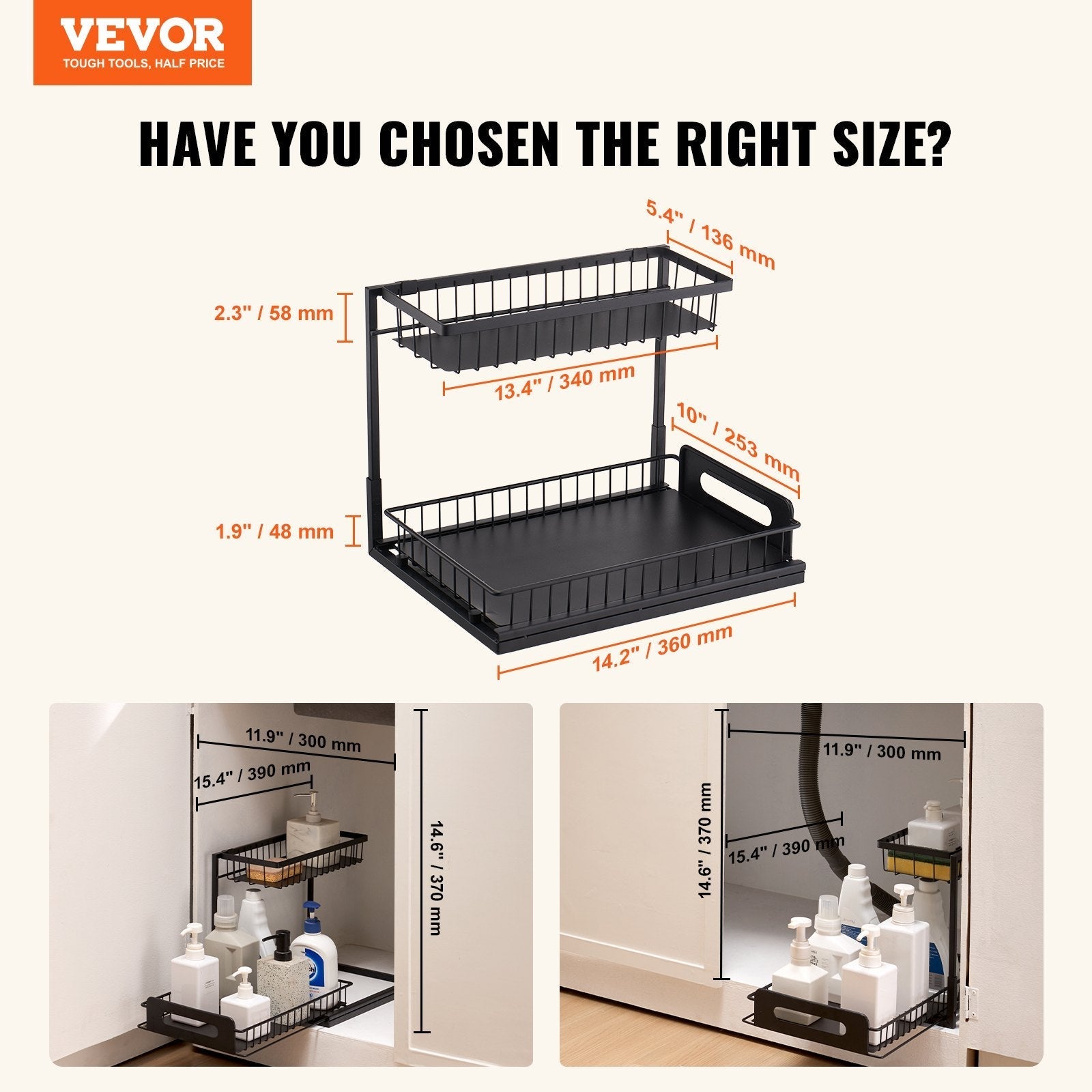 VEVOR 2-Tier Wire Pull Out Cabinet Under Sink Organizer 10.7"x14" Drawer Basket