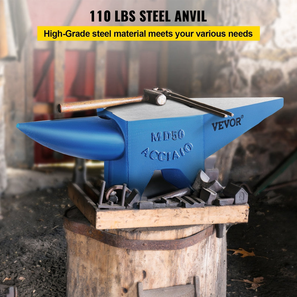 VEVOR Single Horn Anvil 110Lbs Cast Steel Anvil Blacksmith for Sale Forge Steel Tools W/ Round and Square Hole and Equipment Anvil Rugged Blacksmith Jewelers Durable and Robust Metal Working Tool