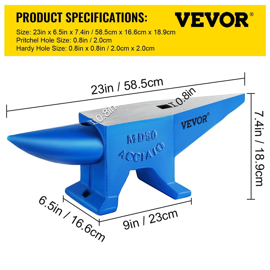 VEVOR Single Horn Anvil 110Lbs Cast Steel Anvil Blacksmith for Sale Forge Steel Tools W/ Round and Square Hole and Equipment Anvil Rugged Blacksmith Jewelers Durable and Robust Metal Working Tool