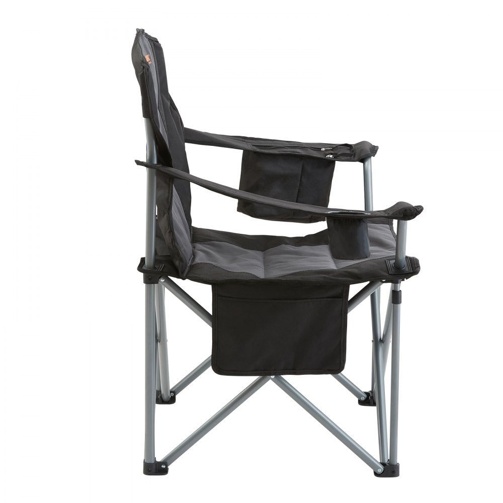 VEVOR Camping Folding Chair for Adults, Portable Heavy Duty Outdoor Quad Lumbar Back Padded Arm Chairs with Side Pockets, Cup Holder and Cooler Bag for Beach, Lawn, Picnic, Fishing, Backpacking, Black