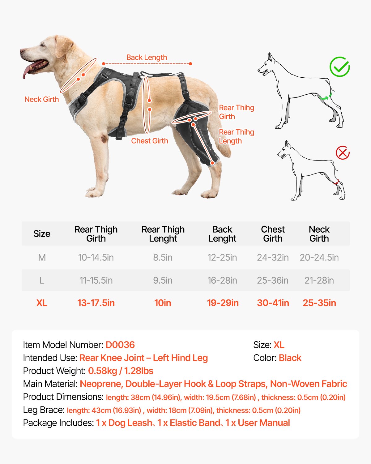 VEVOR Dog Knee Brace for Left Hind Leg Adjustable ACL Dog Leg Brace Pain Relief
