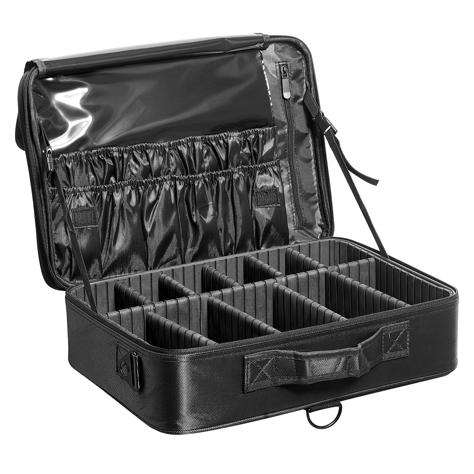 VEVOR Makeup Train Case Large Storage 3 Tiers, Convenient Carry With Handle, Strap, Professional Waterproof Oxford Makeup Storage Organizer Box, Heavy Duty Make Up Carrier, Black