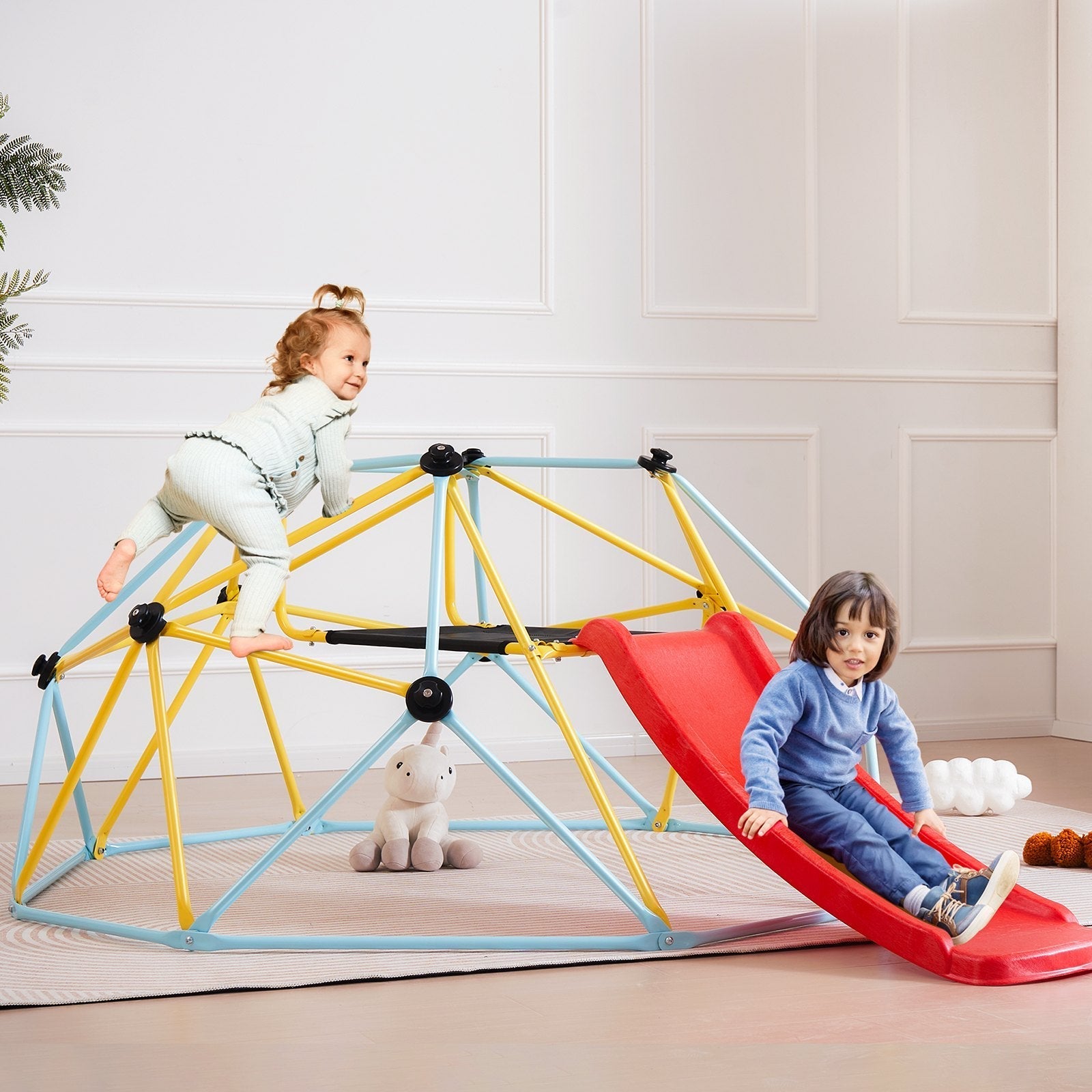 VEVOR Climbing Dome, 8FT Geometric Dome Climber with Slide, for Kids 3 to 9 Years Old, Jungle Gym Supports 600LBS and Easy Assembly, with Climbing Grip, Outdoor and Indoor Play Equipment for Kids