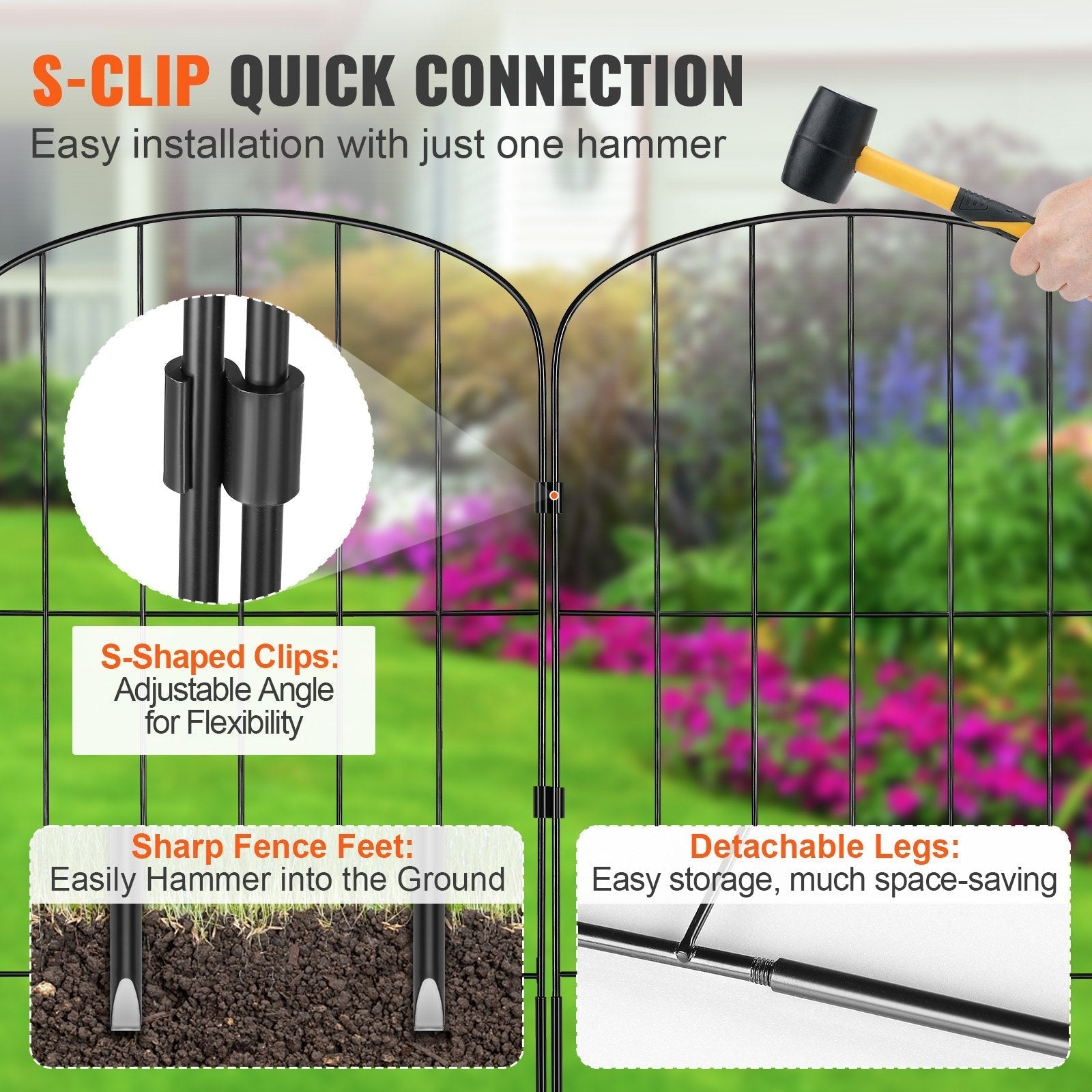 VEVOR Garden Fence, No Dig Fence 24''(H)x13''(L) Animal Barrier Fence, Underground Decorative Garden Fencing with 2 inch Spike Spacing, Metal Dog Fence for the Yard and Outdoor Patio, 10 Pack